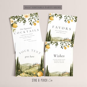 Pacote de placas de casamento editáveis na Toscana - Placas de lembrancinhas, livro de visitas, coquetéis - Conjunto de decoração para recepção de casamento italiano para impressão, download editável