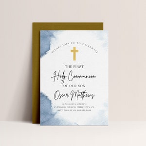 Blue Watercolor First Communion Invitation-First Holy Communion Invitation Boy, Editable Template, Modern Communion Invite, Instant Download