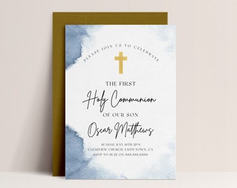 Blue Watercolor First Communion Invitation-First Holy Communion Invitation Boy, Editable Template, Modern Communion Invite, Instant Download