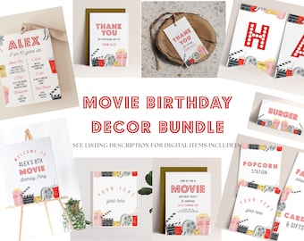 Movie Birthday Decor Bundle-Cinema Birthday Decor, Theater Birthday, Movie Birthday Signs, Invite, Favors & More, Editable Instant Downloads