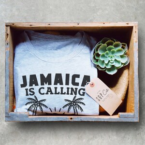 May include: A grey t-shirt with the text "Jamaica is calling" and palm trees printed on it. The shirt is in a wooden crate with a small succulent plant and a brown tag that says "SGP Co."