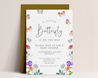 Een kleine vlinder is onderweg Digitale uitnodiging: vlinder babyshower uitnodiging meisje, vlinder thema babyshower uitnodiging, bewerkbare download