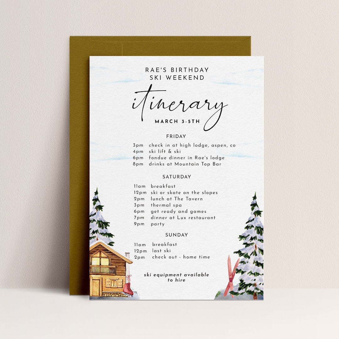 Ski Trip Itinerary Template Editable Ski Weekend Itinerary, Ski
