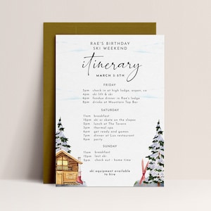 Ski Trip Itinerary Template - Editable Ski Weekend Itinerary, Ski Bachelorette Itinerary, Ski Birthday Itinerary Card,  Instant Download