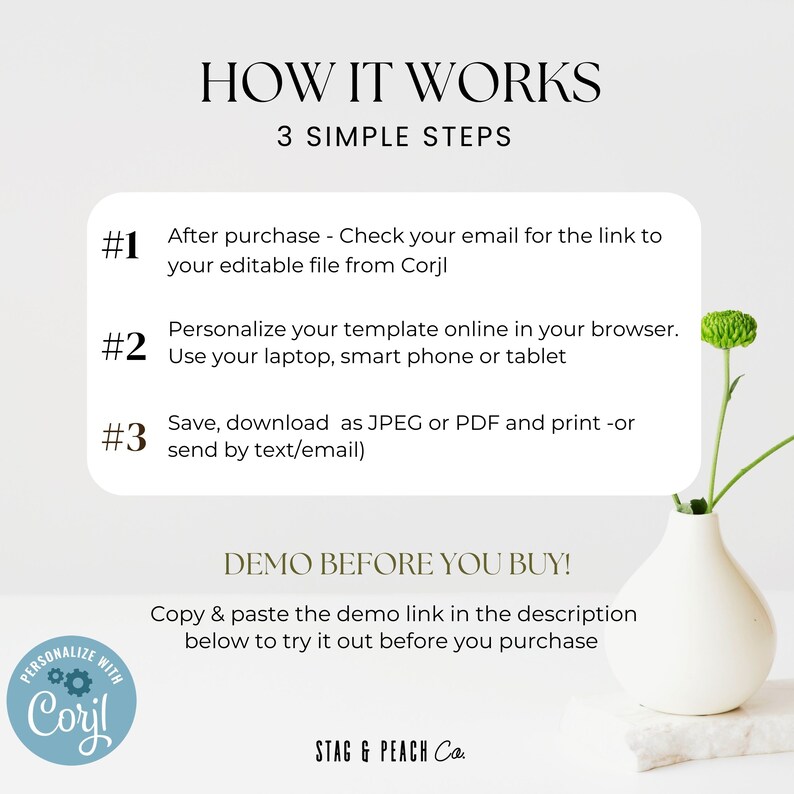 Pu&ograve; includere: Uno sfondo bianco con una pianta verde in un vaso bianco. Il testo "HOW IT WORKS" &egrave; in nero nella parte superiore dell'immagine. Sotto il testo c'&egrave; un elenco di tre passaggi con il testo "3 SIMPLE STEPS". I passaggi sono numerati da 1 a 3. Ogni passaggio ha una descrizione di come utilizzare un modello. Il testo "PERSONALIZE WITH Coryl" &egrave; in un cerchio con un'icona di ingranaggio nell'angolo in basso a sinistra dell'immagine. Il testo "DEMO BEFORE YOU BUY!" &egrave; in nero nella parte inferiore dell'image. Sotto il testo c'&egrave; una descrizione di come utilizzare un link di demo. Il testo "STAG & PEACH Co." &egrave; in nero nell'angolo in basso a destra dell'immagine.