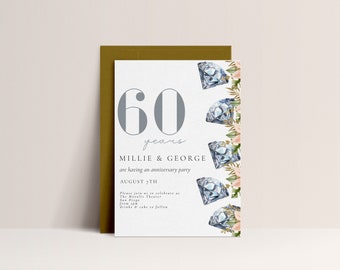 Modèle d'invitation de 60e anniversaire de mariage - Faire-part de fête de 60e anniversaire, décoration d'anniversaire de diamant, invitation de renouvellement de vœux, téléchargement modifiable
