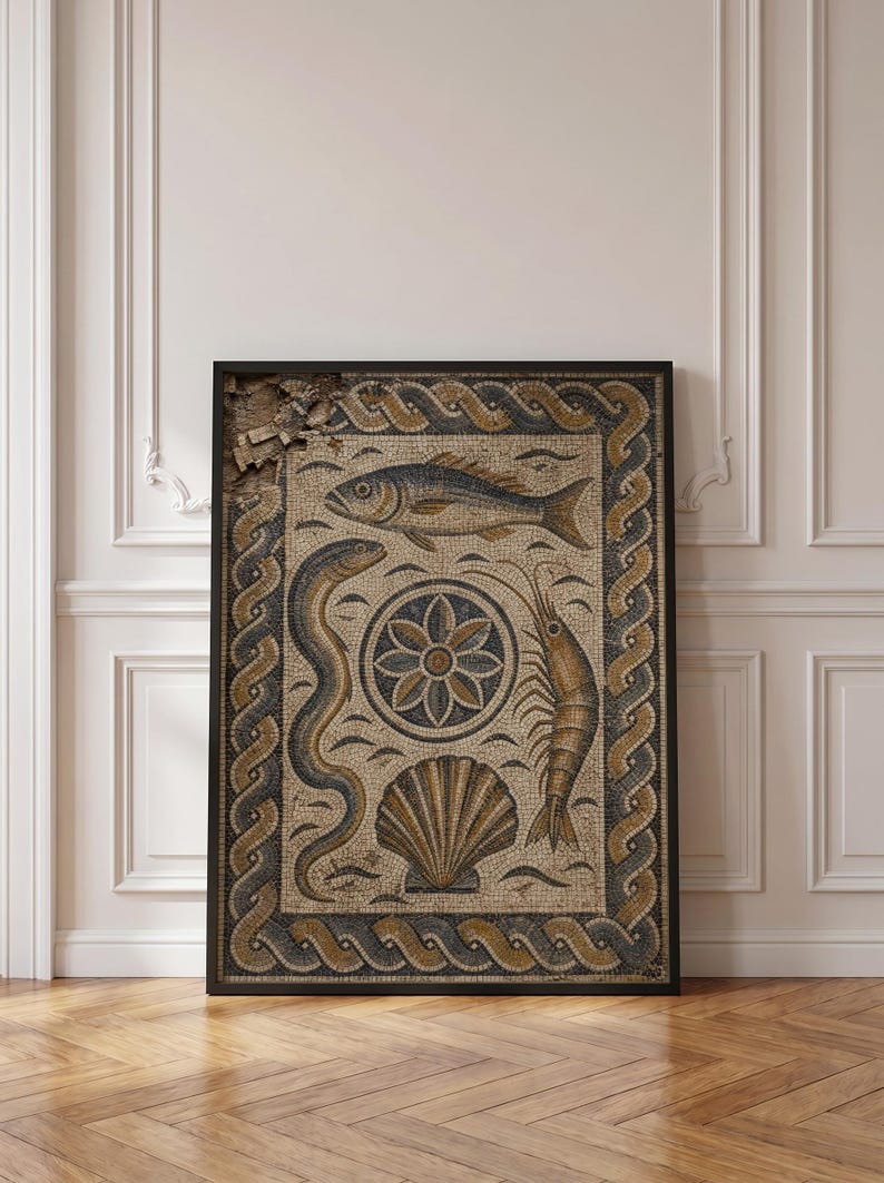 Roman Marine Mosaic Print, Fish and Prawn Tile Wall Art, Ancient Style ...