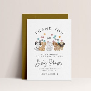 Karta z podziękowaniami dla szczeniaka - Dekoracja na baby shower dla szczeniaka, Dekoracja na baby shower dla szczeniąt, Baby shower bez względu na płeć, Karta z podziękowaniami dla psa, Edytowalne pobieranie
