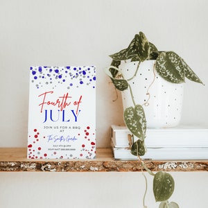 May include: A white card with red, blue, and silver confetti. The text on the card reads "Fourth of JULY JOIN US FOR A BBQ AT The Smith's Garden JULY 4TH 2PM RSVP MATT 888.888.8888".