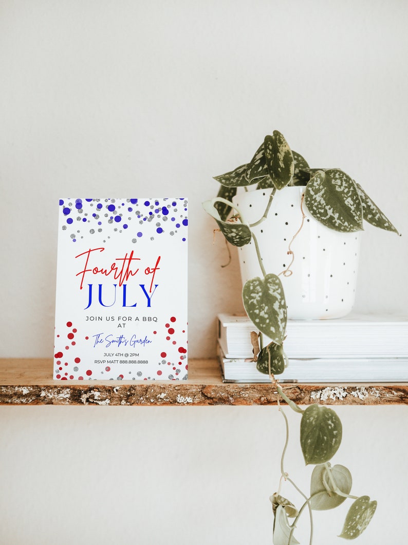 May include: A white card with red, blue, and silver confetti. The text on the card reads "Fourth of JULY JOIN US FOR A BBQ AT The Smith's Garden JULY 4TH 2PM RSVP MATT 888.888.8888".
