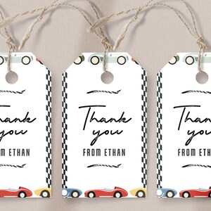 May include: Three white thank you tags with a chequered border and a red, blue, and yellow car design. The text on the tags reads "Thank you from Ethan".