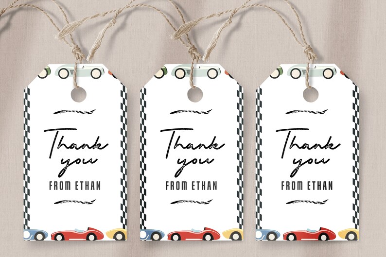 May include: Three white thank you tags with a chequered border and a red, blue, and yellow car design. The text on the tags reads "Thank you from Ethan".