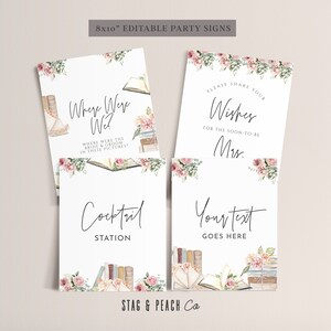 Op de afbeelding: Vier printbare, bewerkbare feestborden van 20,3 x 25,4 cm met een bloemen- en boekthema. De borden zeggen "Where Were We?", "Please Share Your Wishes for the Soon-to-Be Mrs.", "Cocktail Station" en "Your Text Goes Here".