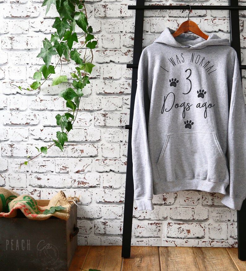 May include: Gray hooded sweatshirt with the text "I was normal 3 dogs ago" and paw prints.