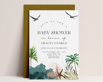 Ocean Theme Baby Shower Invitation-Beach Theme Baby Shower Invitation Template, Surfing Theme, Unisex Baby Shower, Editable Instant Download