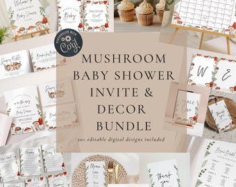 Paquete de decoraciones para baby shower con hongos: letrero de bienvenida para baby shower con hongos, para niño o niña, invitación con hongos, etiquetas, pancarta, descarga editable