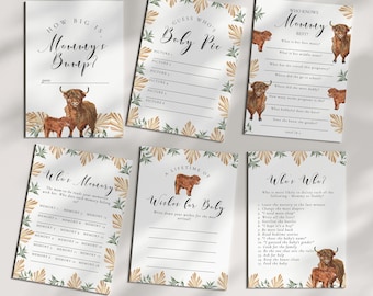 Highland Cow babyshower spelletjes - koe babyshower spelletjes, Highland Cow babyshower decor, babyshower spelletjes afdrukbare, uniseks bewerkbare download