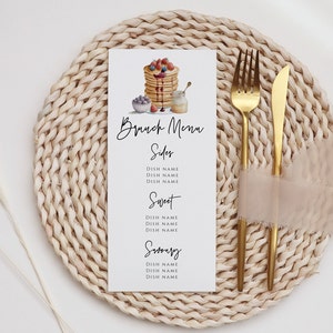 Brunch Menu Card Template -Birthday Brunch, Pancake Decor, Bridal Shower Brunch, Baby Shower Brunch, Pancake Menu, Editable Instant Download