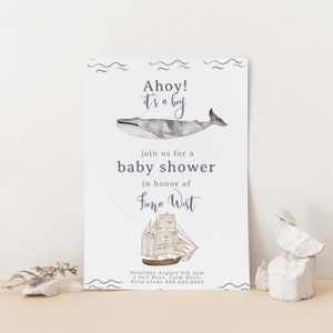 Sailboat Baby Shower Invitation Nautical Baby Shower Invitation, Boy Baby Shower Invite Blue, Whale Invitation, Editable Instant Download image 3