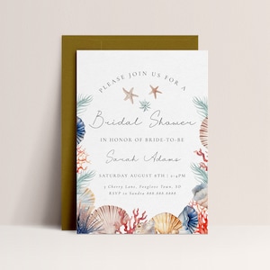 Seashell Bridal Shower Invitation Template- Beach Bridal Shower Invitation, Boho Theme Wedding Shower Invitation, Editable Instant Download