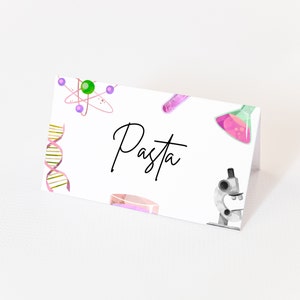 Tenda de comida para festa científica para impressão - Decoração de festa científica para meninas, Decoração de aniversário infantil para crianças, Etiqueta de lembrancinha de festa científica rosa, Download editável