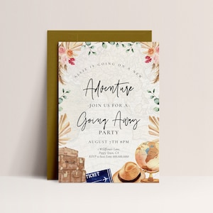 Afscheidsfeest uitnodigen - reizen uitnodigen, weggaan uitnodiging voor feest, weggaan uitnodigen, reizen thema uitnodiging, bewerkbare Instant Download