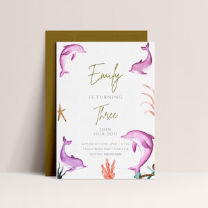 Dolphin Birthday Party Invitation - Dolphin Party Invite, Girls Under the Sea Invitation, Girls Birthday, Pink, Editable Instant Download