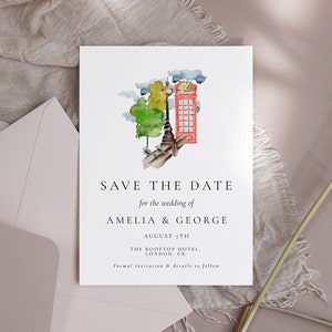 London Hochzeit Save The Date Card - London Hochzeitseinladungsvorlage, Londoner Thema Hochzeit, England Einladung, bearbeitbarer digitaler Download