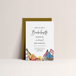 May include: A Bachelorette Weekend invitation with a watercolor illustration of wine bottles, a straw hat, sunglasses, and a basket of grapes. The text reads "Join us for a Bachelorette Weekend in honor of Bree Marenссия July 5-7th from 3PM Sail Mary, Nice, France Rsvp to Sadie by June 1st 888.888.8888 Details to fallow"