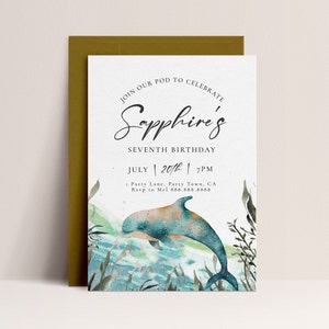 Dolphin Birthday Party Invitation - Dolphin Party Invite, Girls Under the Sea Invite, Girls Birthday, Ocean theme Editable Instant Download