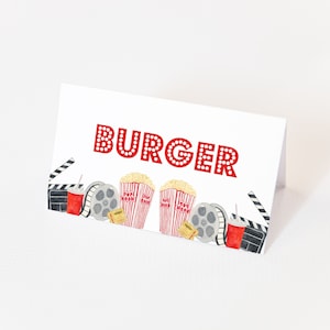 Cartões de lugar de aniversário de filme - decoração de festa temática de filme, barraca de comida de aniversário de cinema, tema de teatro, festa de aniversário infantil, download instantâneo editável