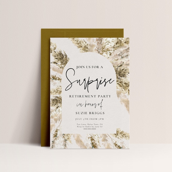 Surprise Retirement Party Invitation-Retirement Invitation Template, Retirement Dinner Invite, Boho, Pampas Grass, Editable Instant Download
