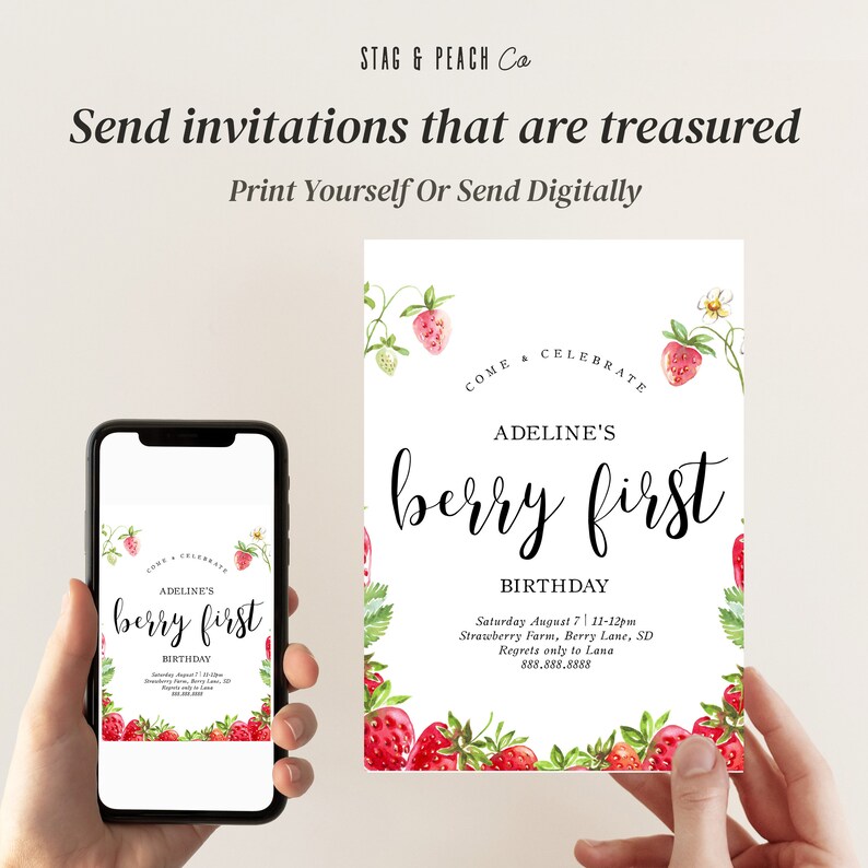 May include: A printable invitation for a first birthday party with a strawberry theme. The invitation features a watercolour illustration of strawberries and the text "Come & Celebrate Adeline's Berry First Birthday". The invitation includes the date, time, location, and RSVP information.