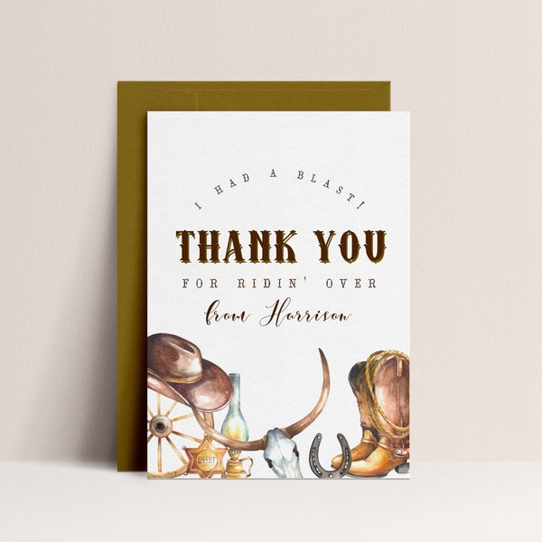 Cowboy Thank You Card - Western Thank You Card 3.5x5", Rodeo Theme Birthday, Western Birthday Decor, Wild Birthday Party, Instant Download