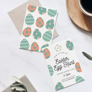 May include: An invitation to an Easter egg hunt with a green and pink egg pattern. The invitation says "Join us for an Easter Egg Hunt" with the date and time of the event.