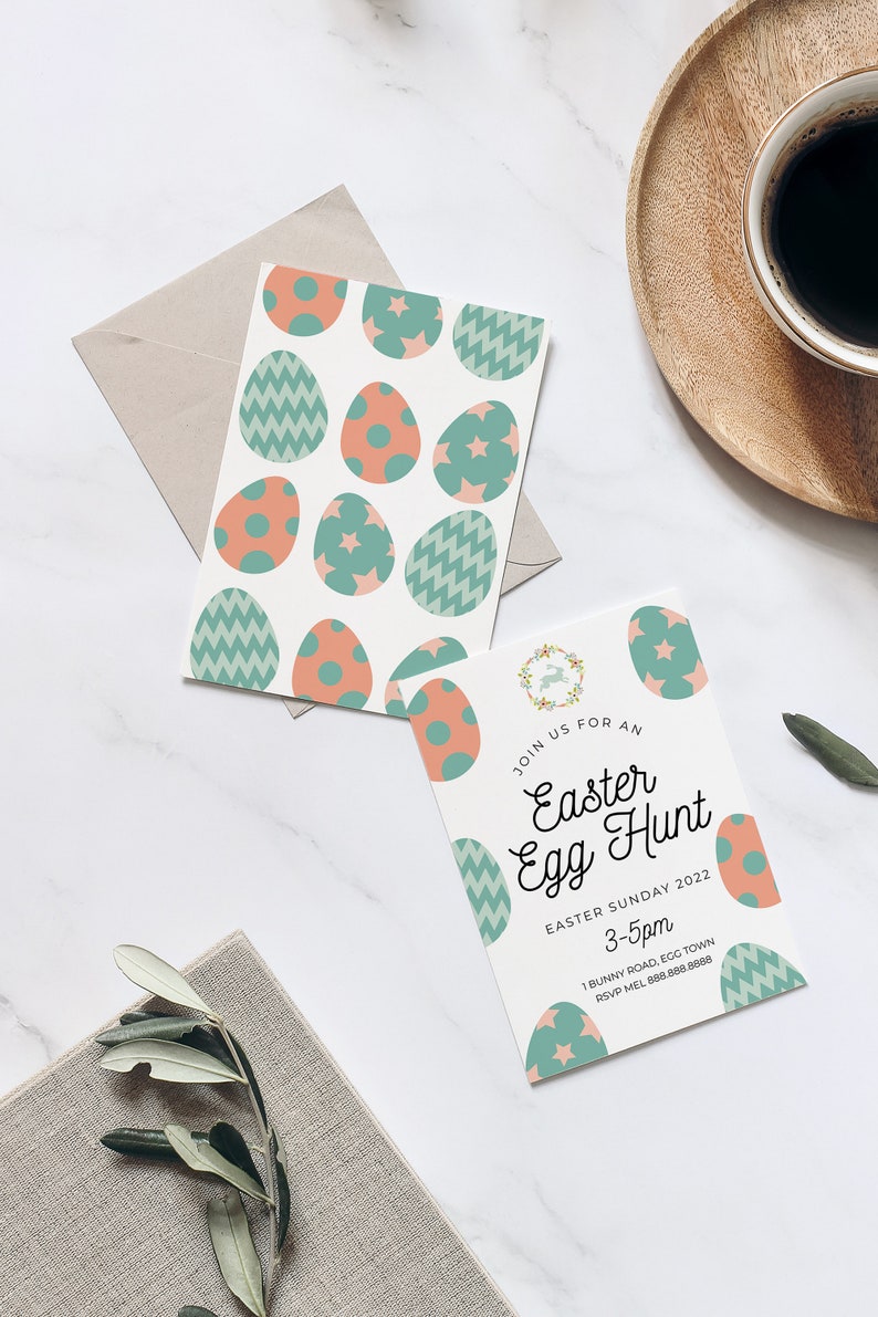 May include: An invitation to an Easter egg hunt with a green and pink egg pattern. The invitation says "Join us for an Easter Egg Hunt" with the date and time of the event.