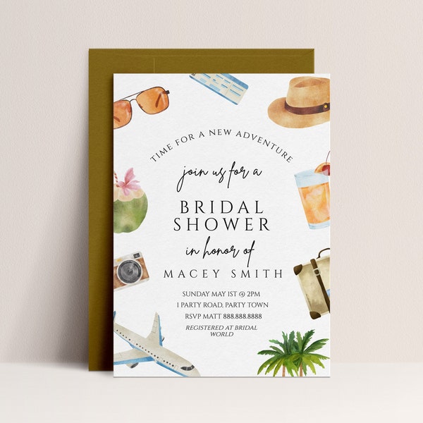 Travel Bridal Shower Invitation Template-Adventure Bridal Shower Invitation, Vintage Suitcase, Travel Bachelorette Editable Instant Download