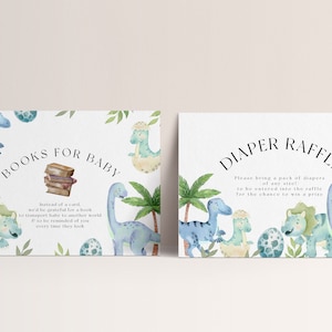 Wkładki z zaproszeniami na baby shower w kształcie dinozaura - losowanie pieluch, karta z książką, dekoracja na baby shower w kształcie dinozaura, baby shower dla chłopca, edytowalne do wydrukowania