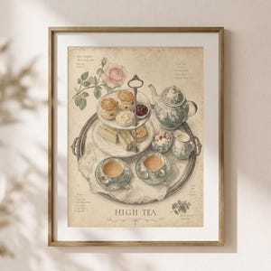 Puede incluir: Una lámina enmarcada titulada HIGH TEA que muestra una ilustración de estilo vintage de una bandeja de plata con un soporte de dos niveles con scones, mermelada, nata, sándwiches, una tetera azul y blanca, una jarra de leche y dos tazas.