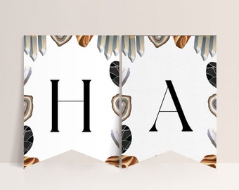 May include: White banner flags with the letters "H" and "A" in black. The flags are decorated with a border of crystals and geodes in shades of brown, gray, and white. The banner is designed for a party or event.