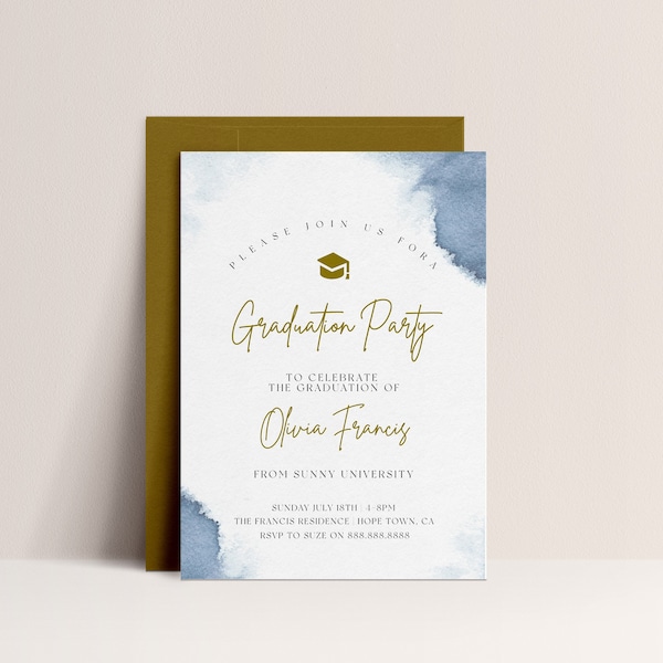 Editable Graduation Party Invitation - Graduation Ceremony Invitation, Graduation Invitation, Blue Watercolor Invitation, Instant Download