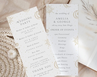 May include: Wedding invitation with a celestial theme. The invitation features a gold crescent moon, stars, and sun with the text "Wedding Party" and the names of the wedding party members. The back of the invitation features the text "The wedding of Amelia & George" and the order of events for the wedding.