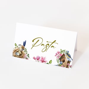Cartão de lugar para pássaros - chá de bebê com tema de pássaro, decoração de chá de bebê com ninho de pássaro, tema de floresta, barraca de comida prestes a chocar, download instantâneo editável