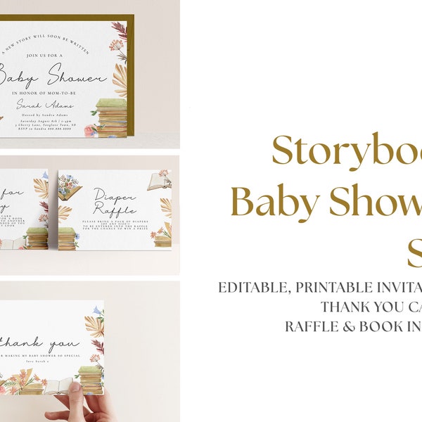 Storybook Baby Shower Invitation Set - Book Theme Shower Invitation Suite, Book Theme Baby Shower, Chapter, Editable Printable Downloads