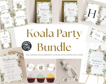 Koala Party Decorations Bundle -Koala Birthday Invitation, Koala Birthday Banner, Koala Party Favors, Bear, Animal Theme, Editable Downloads