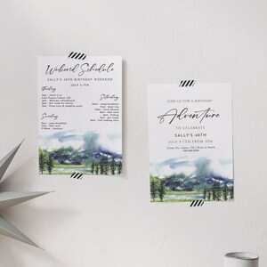 Peut inclure: Une illustration aquarelle d'un lac et de montagnes avec un programme pour une fête d'anniversaire d'un week-end dans un chalet à Lake Francis Cabins, CO. Le programme comprend des activités comme le petit-déjeuner au camping, des excursions en bateau et un cours de cuisine au poisson. L'invitation indique "Rejoignez-nous pour un anniversaire Aventure pour célébrer le 40e anniversaire de Sally, du 5 au 7 juillet à partir de 15h, Camp Ste. Aspen, CO/Resp à Sadie".