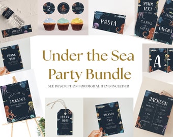 May include: Under the Sea Party Bundle printable set with a blue and white color scheme. The set includes a welcome sign, thank you cards, cupcake toppers, food labels, a banner, and more. The set features an octopus, jellyfish, and other sea creatures.