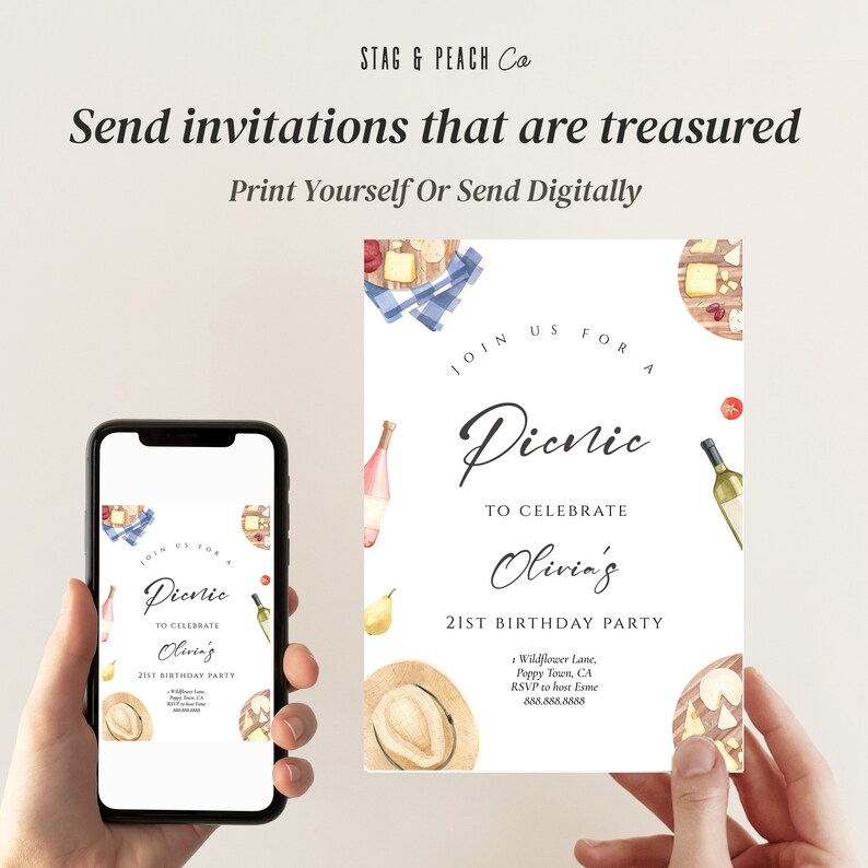 May include: A digital invitation for a picnic to celebrate Olivia's 21st birthday party. The invitation features a watercolor illustration of a picnic basket, wine bottles, cheese, and a hat. The text on the invitation reads "Join us for a picnic to celebrate Olivia's 21st birthday party".