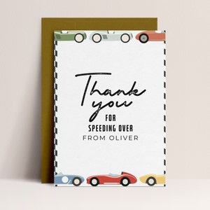 Race Car Thank You Card - Race Car Thank You Note, Racing Car Theme Birthday, Race Car Birthday, Car Theme Party, Editable Instant Download