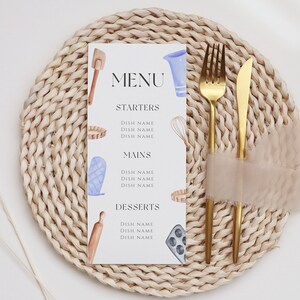 May include: A white menu card with a watercolor illustration of kitchen tools and the word "MENU" in black text. The menu is divided into three sections: Starters, Mains, and Desserts. Each section lists "Dish Name" three times.